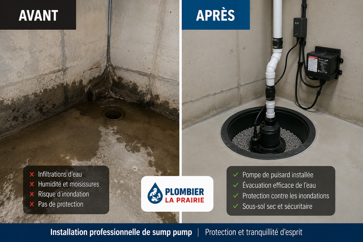 Avant/après sous-sol: infiltration et pompe de puisard