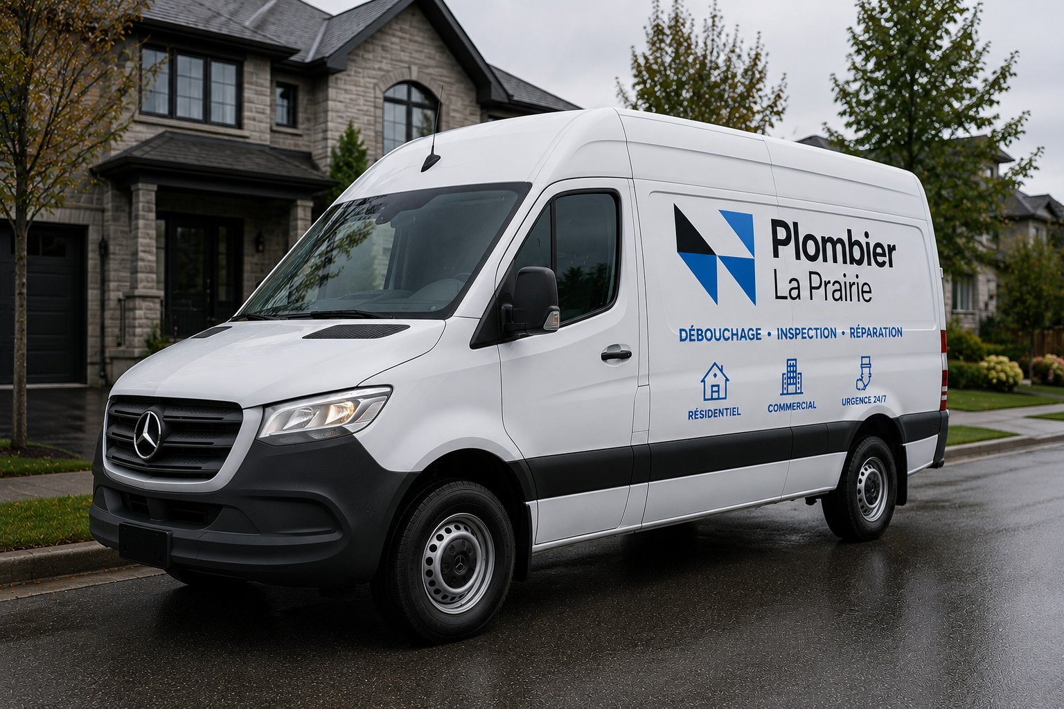 Camionnette de plombier devant maison résidentielle