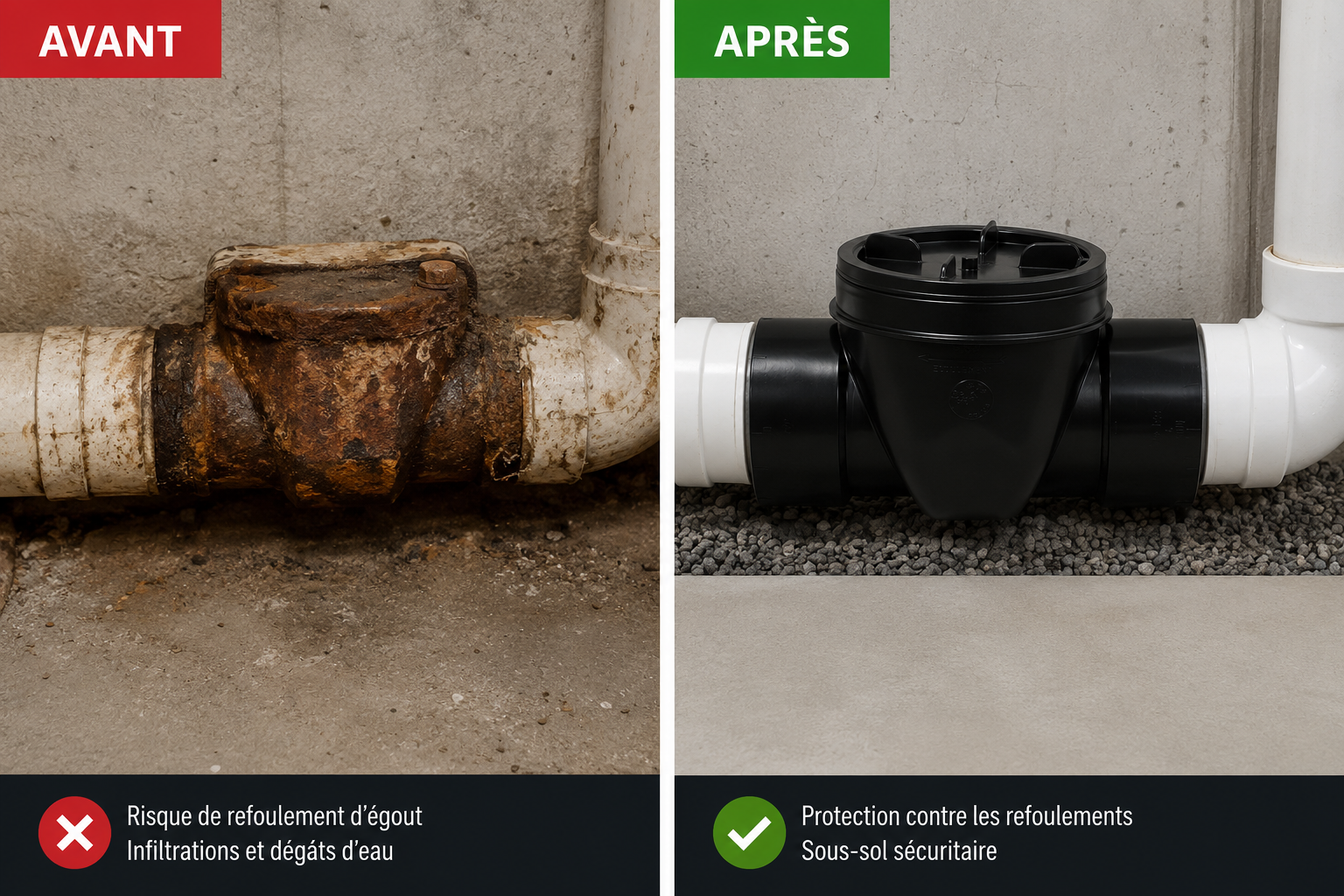 Avant après clapet anti-retour égout sous-sol